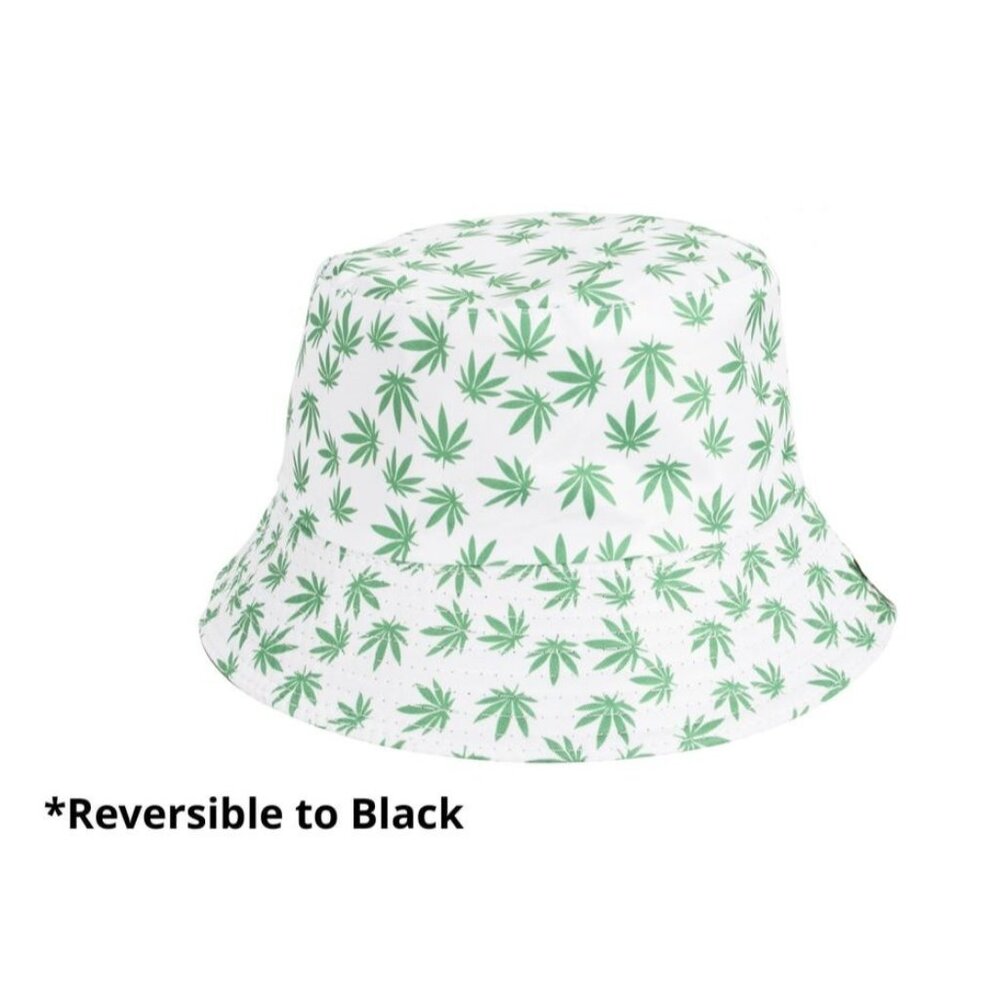 New White Pot Leaf Marijuana Bucket Hat Adult One Size Weed Green Reversible NWT